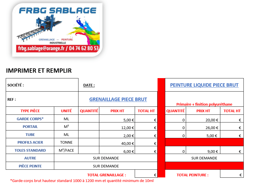 Prix Grenaillage Peinture